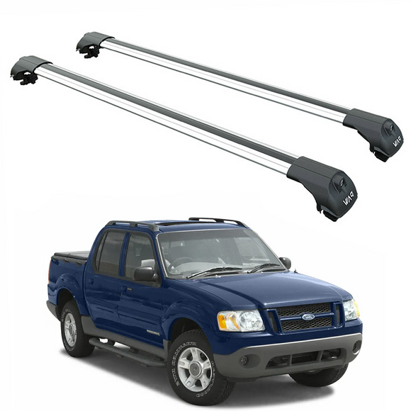 Two car roof racks on a white background with a blue truck below.