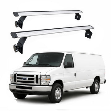 Ford E 150 250 350 Van Roof Rack Cross Bars – 2Qty T-Slot Aluminum Bars (Silver), Rain Gutter Mount, No Drilling, 4 Load Stops, for Work & Recreation
