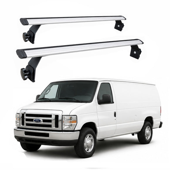 Ford E 150 250 350 Van Roof Rack Cross Bars – 2Qty T-Slot Aluminum Bars (Silver), Rain Gutter Mount, No Drilling, 4 Load Stops, for Work & Recreation