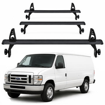 Chevrolet Express Van 1996-Up Van Roof Rack Cross Bars - 3Qty T-Slot Aluminum Bars (Black), Rain Gutter Mount, No Drilling, 4 Load Stops, for Work & Recreation