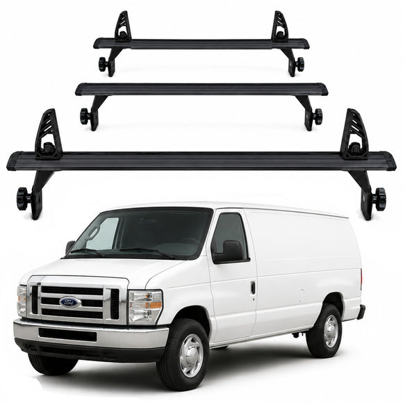 Chevrolet Express Van 1996-Up Van Roof Rack Cross Bars - 3Qty T-Slot Aluminum Bars (Black), Rain Gutter Mount, No Drilling, 4 Load Stops, for Work & Recreation