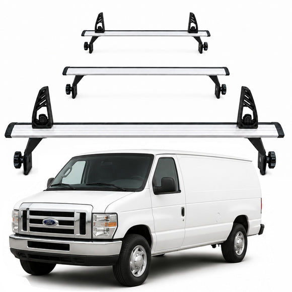 Ford E 150 250 350 Van Roof Rack Cross Bars – 3Qty T-Slot Aluminum Bars (Silver), Rain Gutter Mount, No Drilling, 4 Load Stops, for Work & Recreation