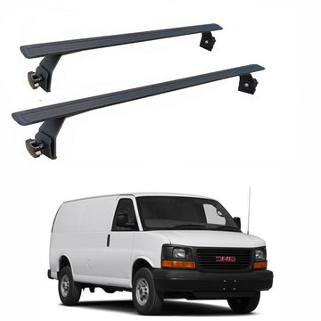 GMC Savana 1500 2500 3500 Van Roof Rack Cross Bars – 2Qty T-Slot Aluminum Bars (Black), Rain Gutter Mount, No Drilling, 4 Load Stops, for Work & Recreation