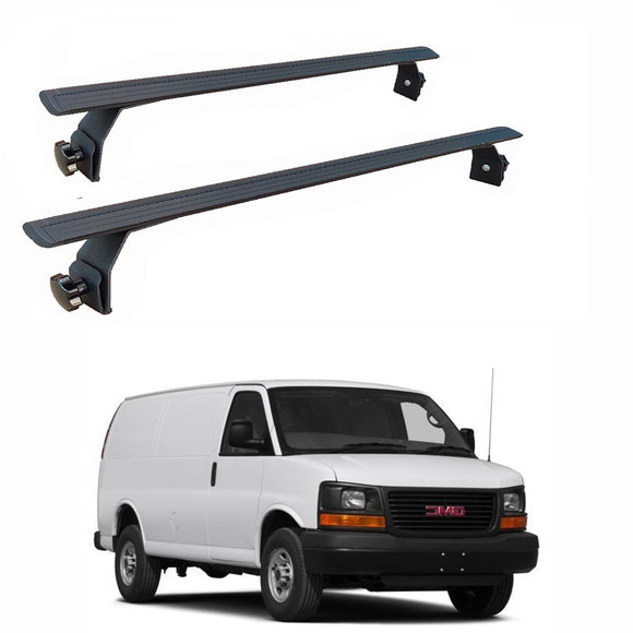 GMC Savana Van Roof Rack Cross Bars 1500 2500 3500 1996-Up – 2Qty T-Slot Aluminum Bars (Black), Rain Gutter Mount, No Drilling, 4 Load Stops, for Work & Recreation