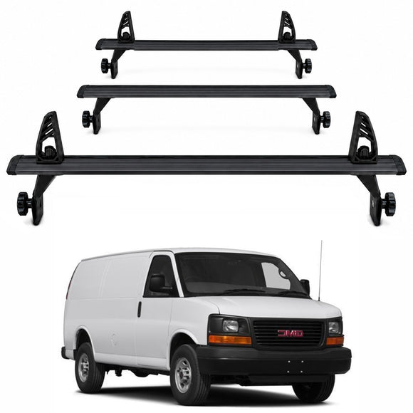 GMC Savana Van Roof Rack Cross Bars 1500 2500 3500 1996-Up – 3Qty T-Slot Aluminum Bars (Black), Rain Gutter Mount, No Drilling, 4 Load Stops, for Work & Recreation