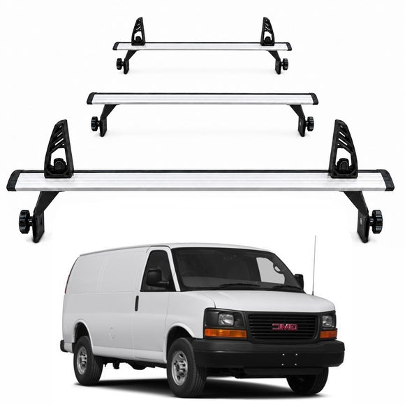 GMC Savana Van Roof Rack Cross Bars 1500 2500 3500 1996-Up – 3Qty T-Slot Aluminum Bars (Silver), Rain Gutter Mount, No Drilling, 4 Load Stops, for Work & Recreation