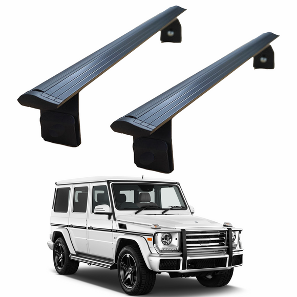 Aluminum silver roof rack cross bars mounted on a white SUV, indicating the product is designed for vehicles with rain gutters.