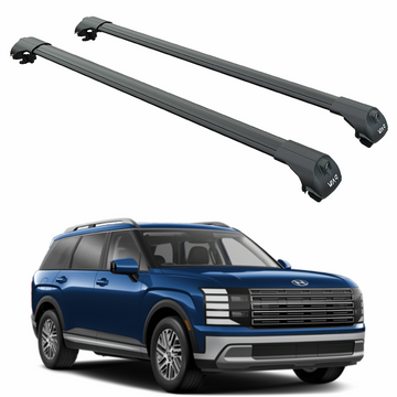 Two car roof racks on a white background with a blue SUV below.