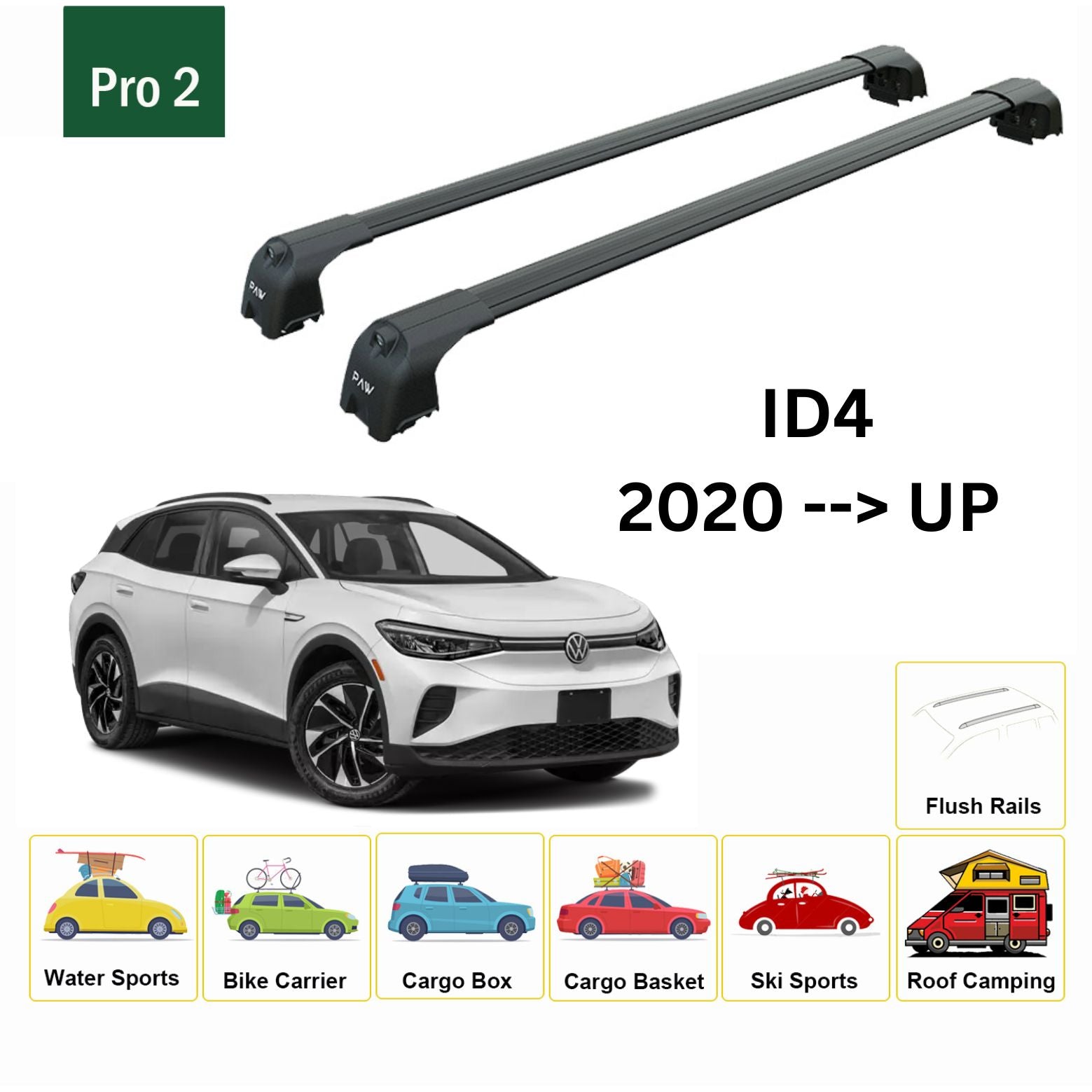 For Volkswagen ID.4 2020-Up Roof Rack Cross Bar Flush Rail Alu Black - 0