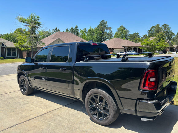 For RAM 1500 (2009-2025) Bed Rack Cross Bars with Metal Brackets (Aluminum, Silver) + RealTruck Tonneau Cover w/ T-Slot Rails