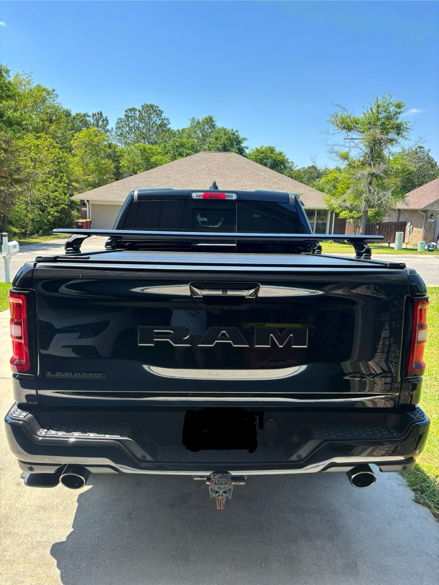 For RAM 1500 (2009-2025) Bed Rack Cross Bars with Metal Brackets (Aluminum, Black) + RealTruck Tonneau Cover w/ T-Slot Rails
