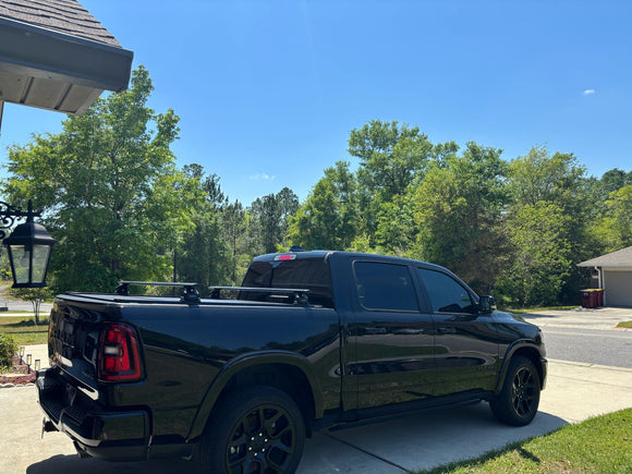 For RAM 1500 (2009-2025) Bed Rack Cross Bars with Metal Brackets (Aluminum, Silver) + RealTruck Tonneau Cover w/ T-Slot Rails