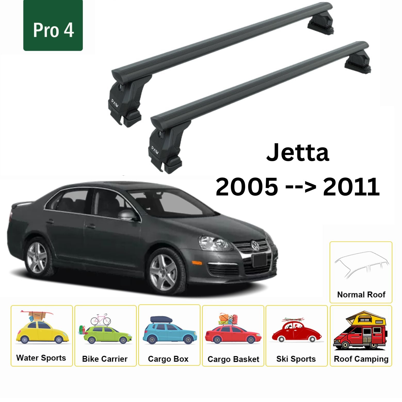 Für Volkswagen Jetta 2005–11 Dachträger, Querträger, Metallhalterung, normales Dach, Alu, Schwarz - 0