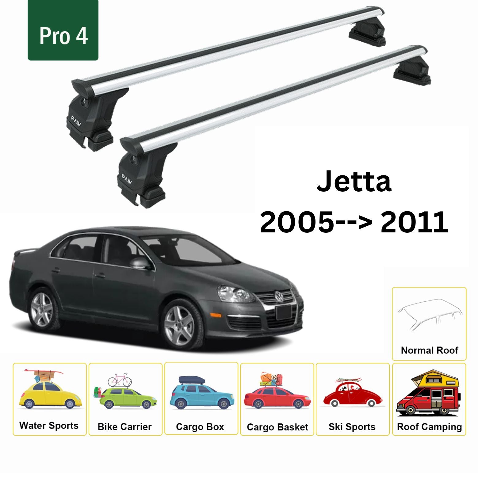 For Volkswagen Jetta 2005-11 Roof Rack Cross Bar Normal Roof Alu Silver - 0