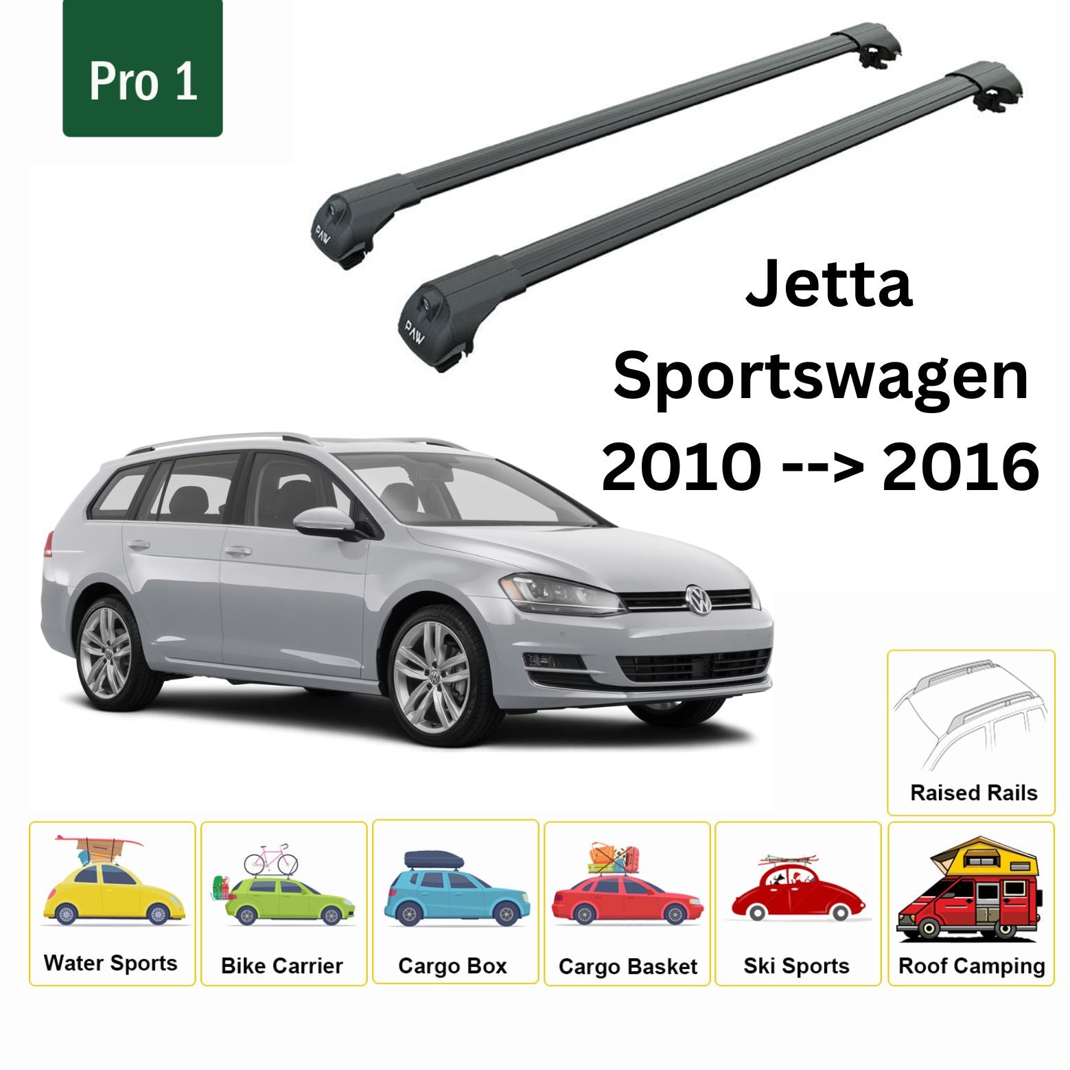 Für Volkswagen Jetta SportWagen 2010–16 Dachträger, Querträger, Metallhalterung, erhöhte Schiene, Alu, Schwarz