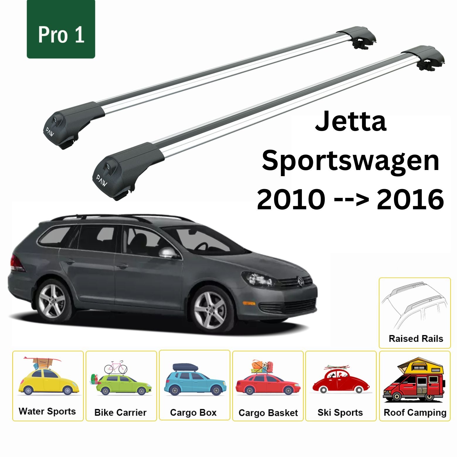 Für Volkswagen Jetta SportWagen 2010–16 Dachträger Querträger Metallhalterung erhöhte Schiene Alu Silber
