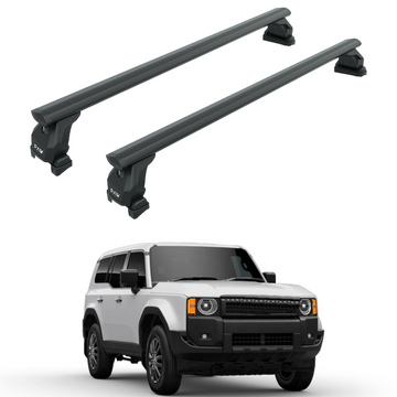 Black aluminum roof rack cross bars designed for a Toyota Land Cruiser vehicle, including head brackets and metal brackets.