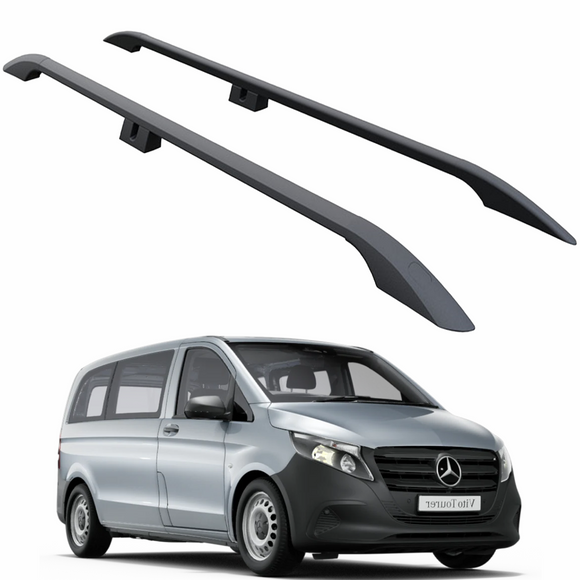 Two roof racks on a white background with a Mercedes-Benz van below.