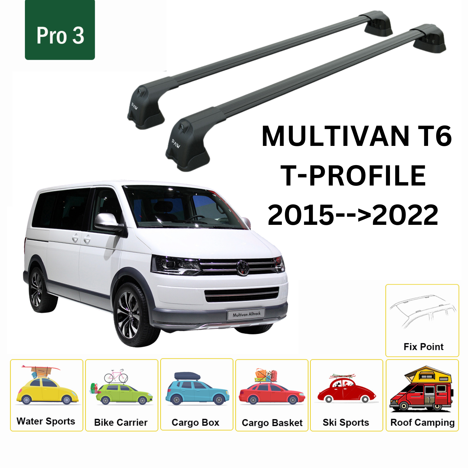 For Volkswagen Multivan T6 T-P 2015-22 Roof Rack Cross Bar Fix Point Alu Black - 0