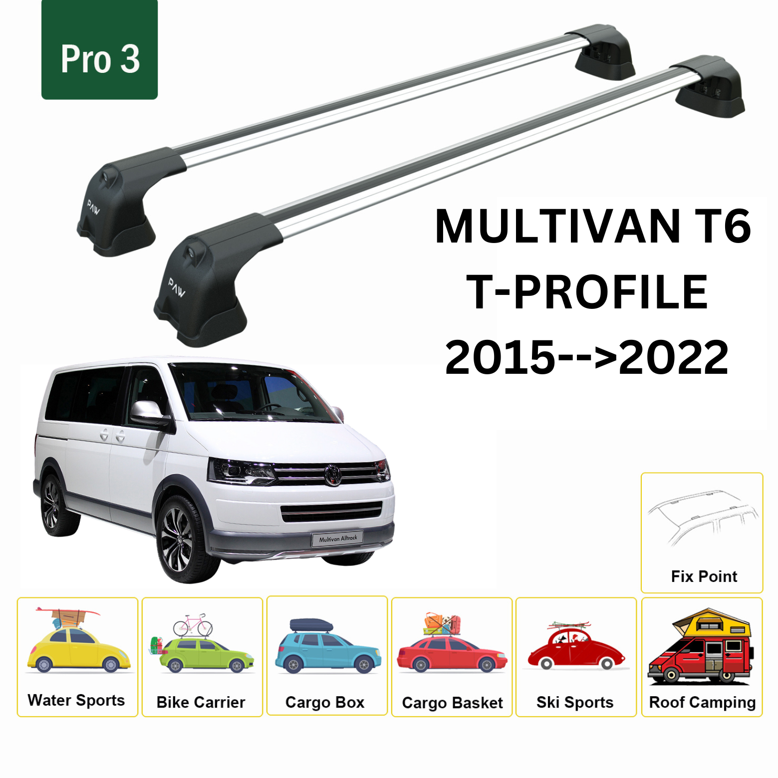 For Volkswagen Multivan T6 T-P 2015-22 Roof Rack Cross Bar Metal Bracket Fix Point Alu Silver