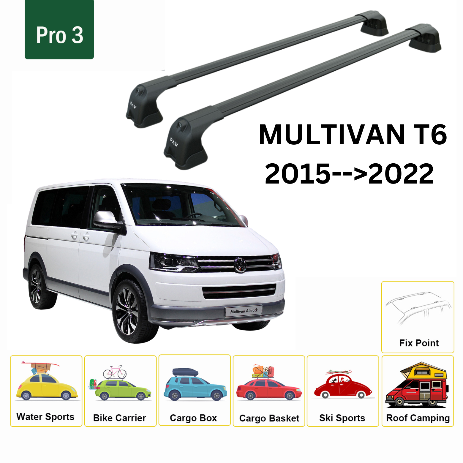 For Volkswagen Multivan T6 2015-22 Roof Rack Cross Bar Fix Point Alu Black