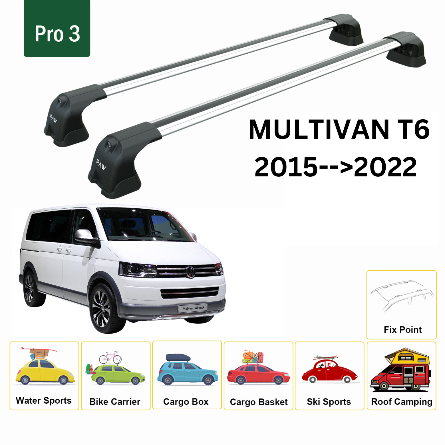 For Volkswagen Multivan T6 2015-22 Roof Rack Cross Bar Fix Point Alu Silver - 0