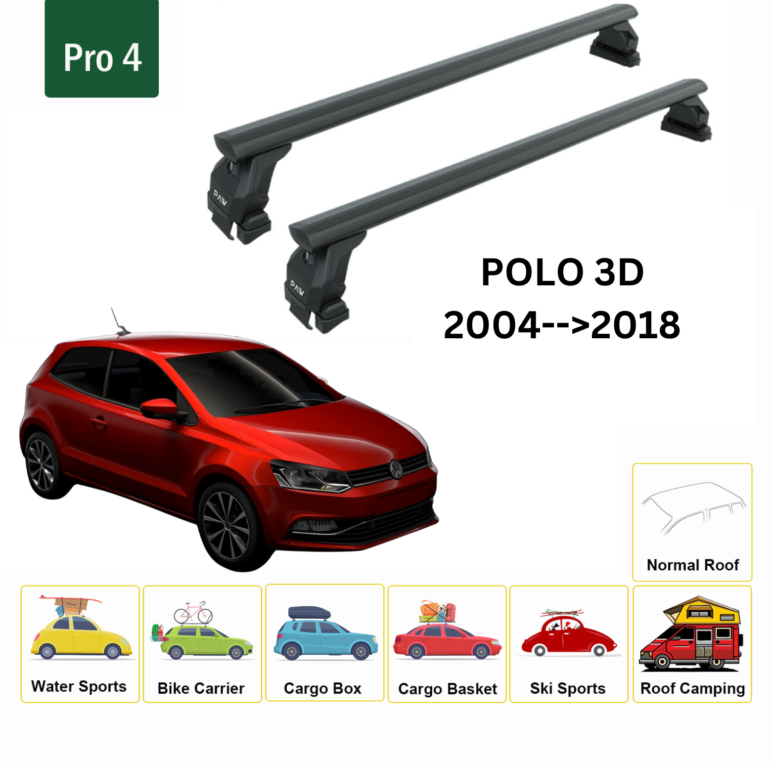 Für Volkswagen Polo 3D 2004–18 Dachträger, Querträger, Metallhalterung, normales Dach, Alu, Schwarz