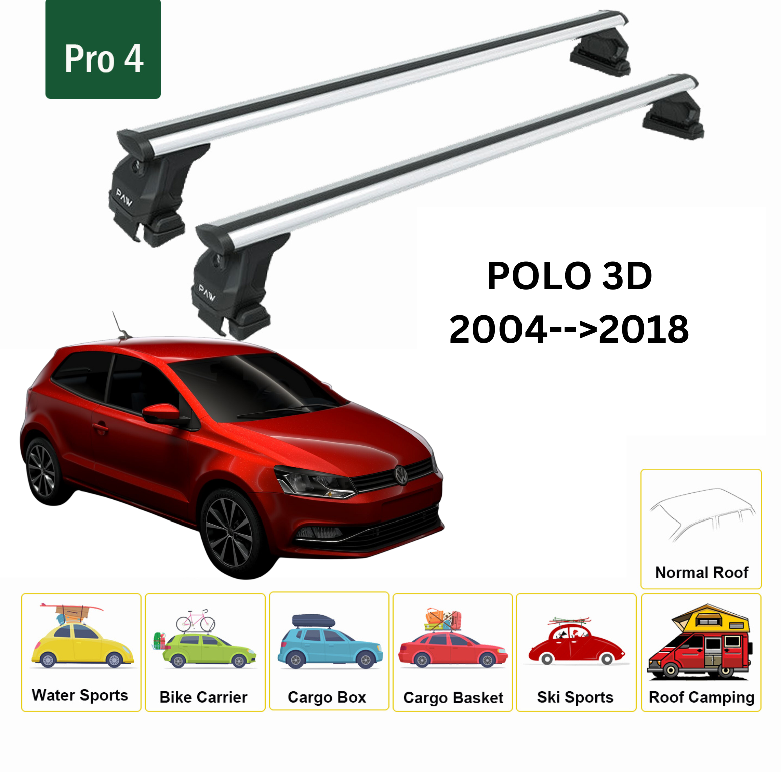 For Volkswagen Polo 3D 2004-18 Roof Rack Cross Bar Metal Bracket Normal Roof Alu Silver-2