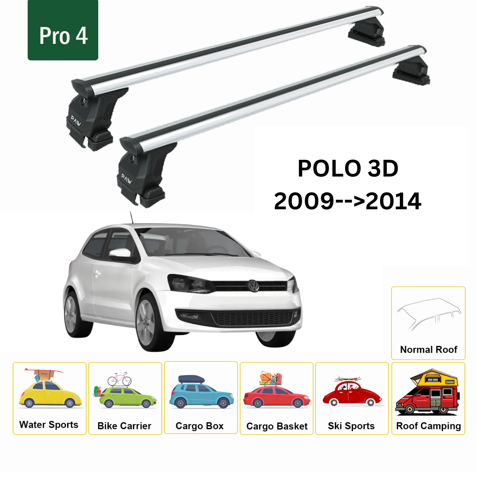 For Volkswagen Polo 3D 2018-Up Roof Rack Cross Bar Metal Bracket Normal Roof Alu Silver