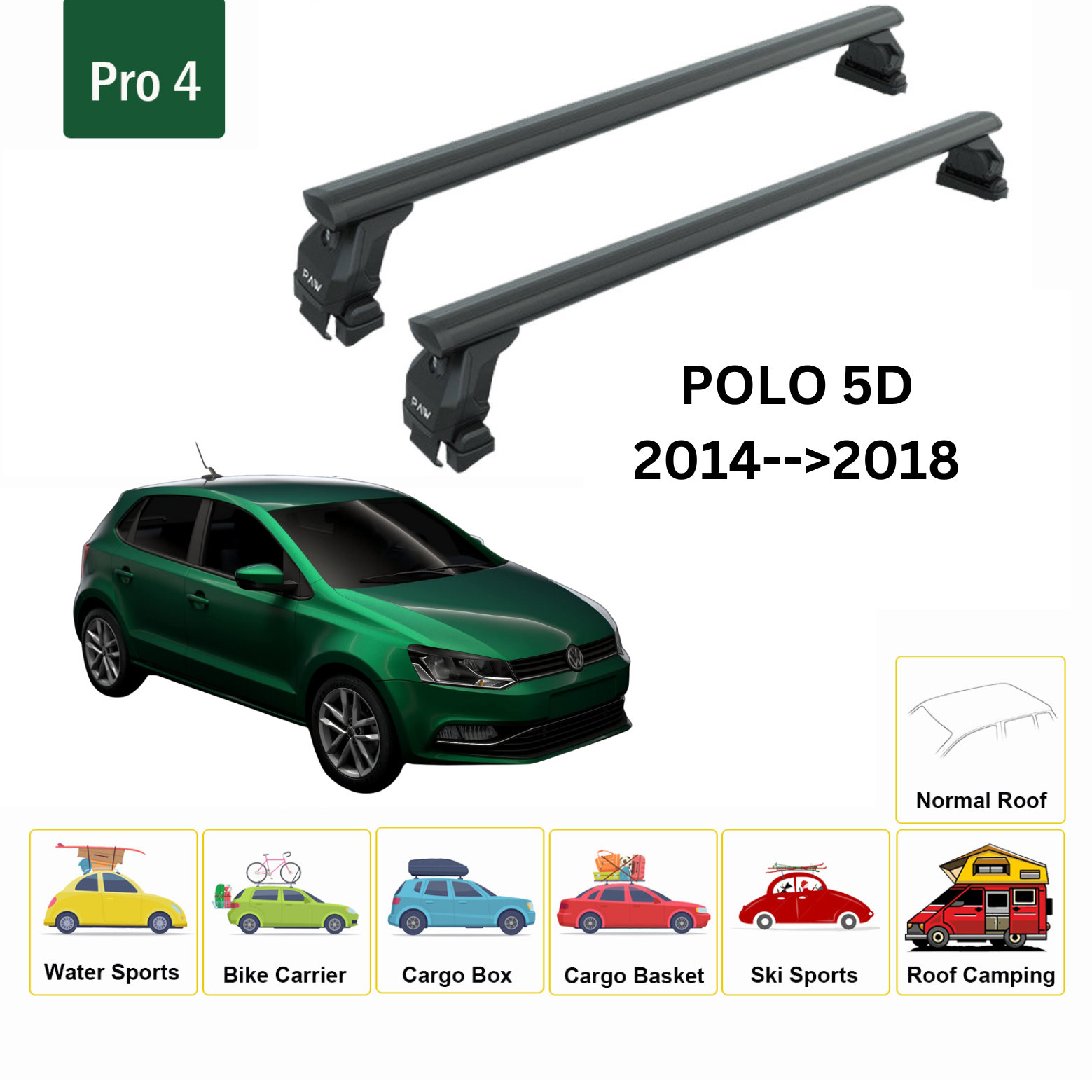 Für Volkswagen Polo 5D 2014–18 Dachträger, Querträger, Metallhalterung, normales Dach, Alu, Schwarz