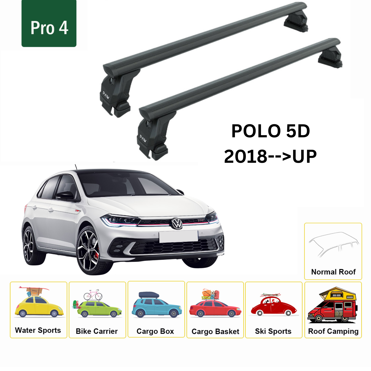 Für Volkswagen Polo 5D 2018-Up Dachträger Querstange Metallhalterung Normales Dach Alu Schwarz