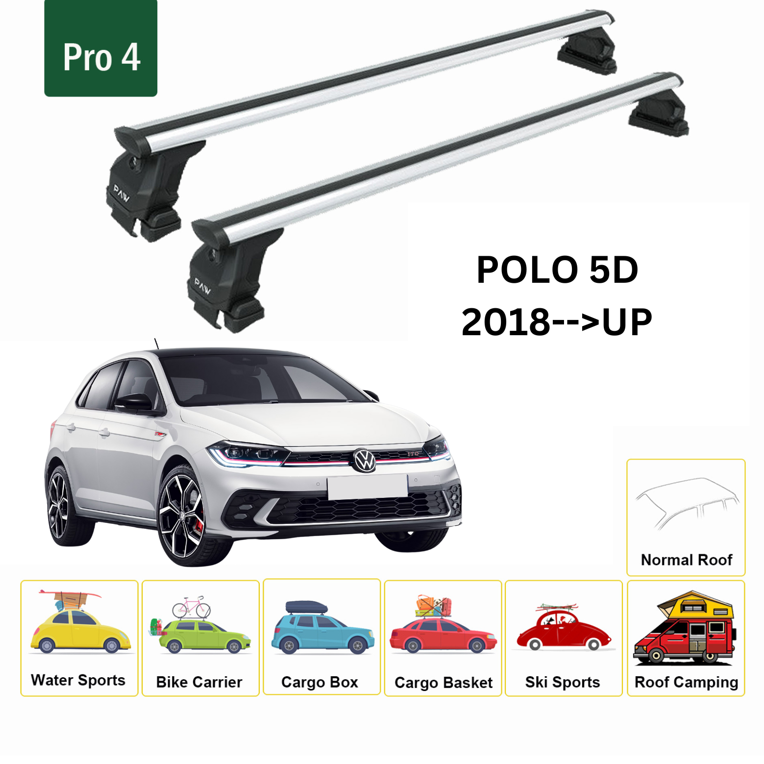 Für Volkswagen Polo 5D 2018-Up Dachträger Querstange Metallhalterung Normales Dach Alu Silber
