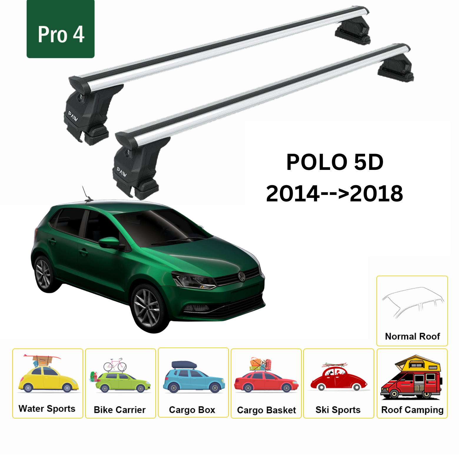 For Volkswagen Polo 5D 2014-18 Roof Rack Cross Bar Metal Bracket Normal Roof Alu Silver