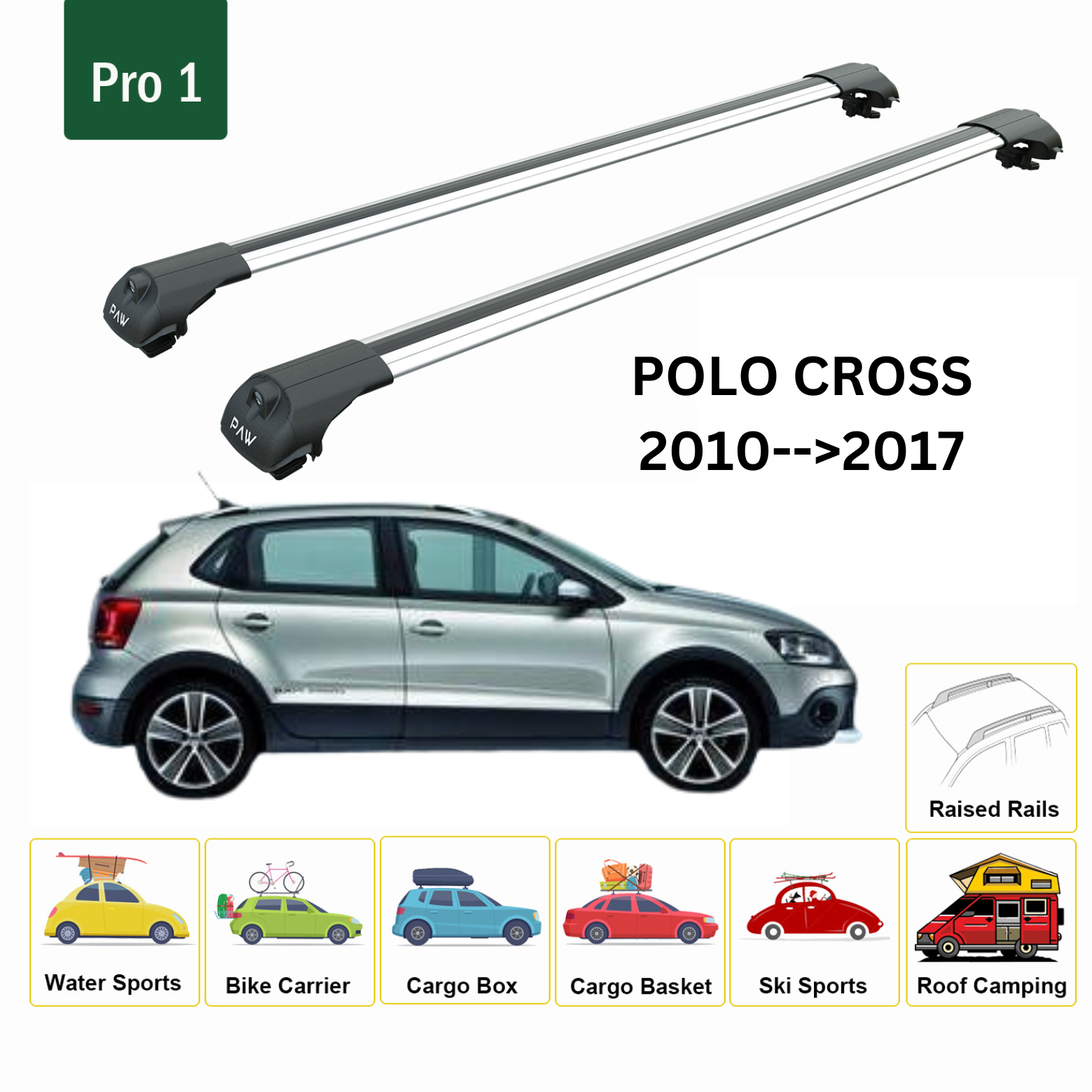 For Volkswagen Polo Cross 2010-17 Roof Rack Cross Bar Metal Bracket Raised Rail Alu Silver