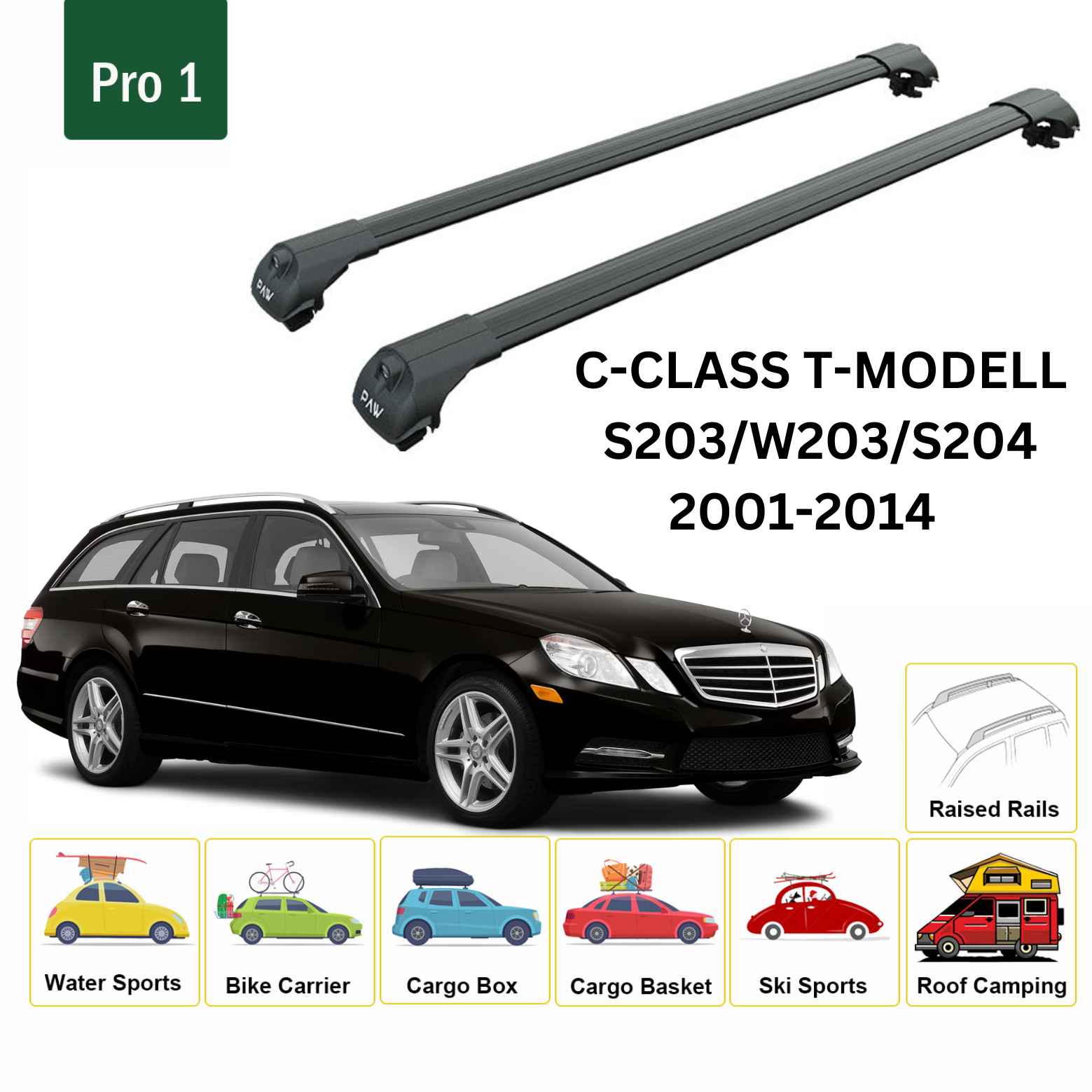 For Mercedes Benz C Estate S203 Roof Rack Cross Bars Raised Rail Alu Black 2001-2014