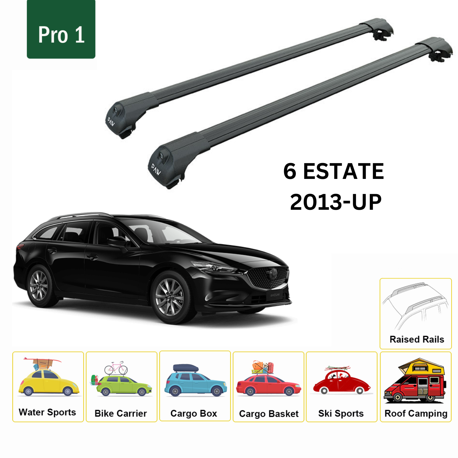 For Mazda 6 Estate 2013-Up Roof Rack Cross Bars Raised Rail Alu Black