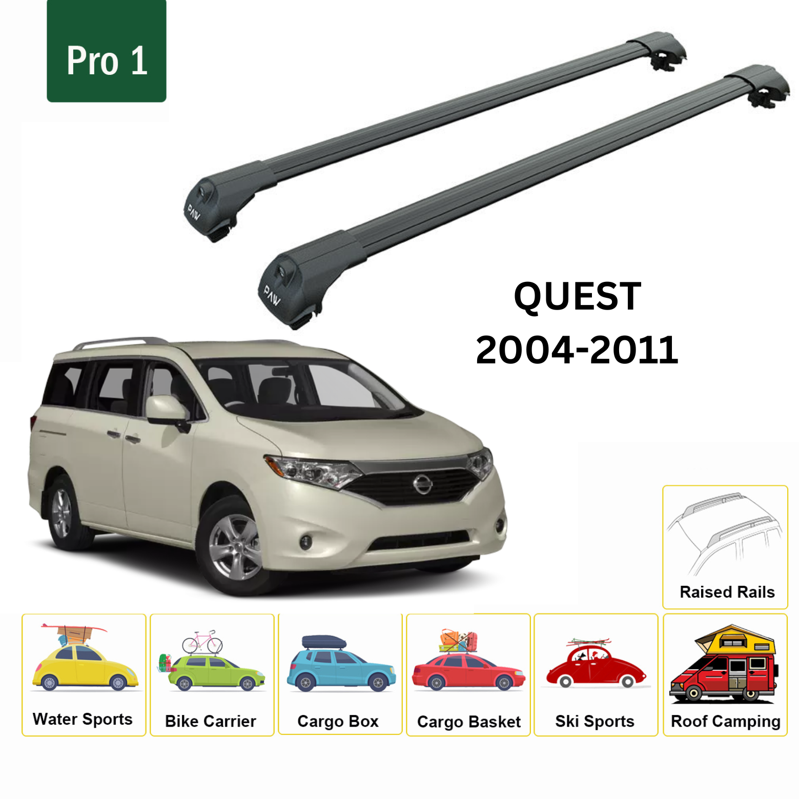 For Nissan Quest 2004-11 Roof Rack Cross Bars Metal Bracket Raised Rail Alu Black - 0