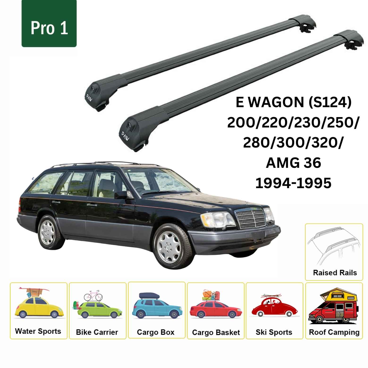 For Mercedes E Wagon S124 1994-95 Roof Rack Cross Bars Raised Rail Alu Black
