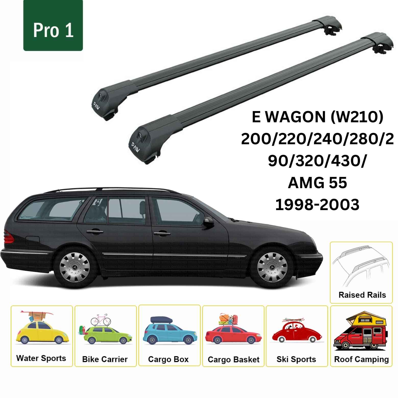 For Mercedes E Wagon S210 1998-2003 Roof Rack Cross Bars Raised Rail Alu Black - 0