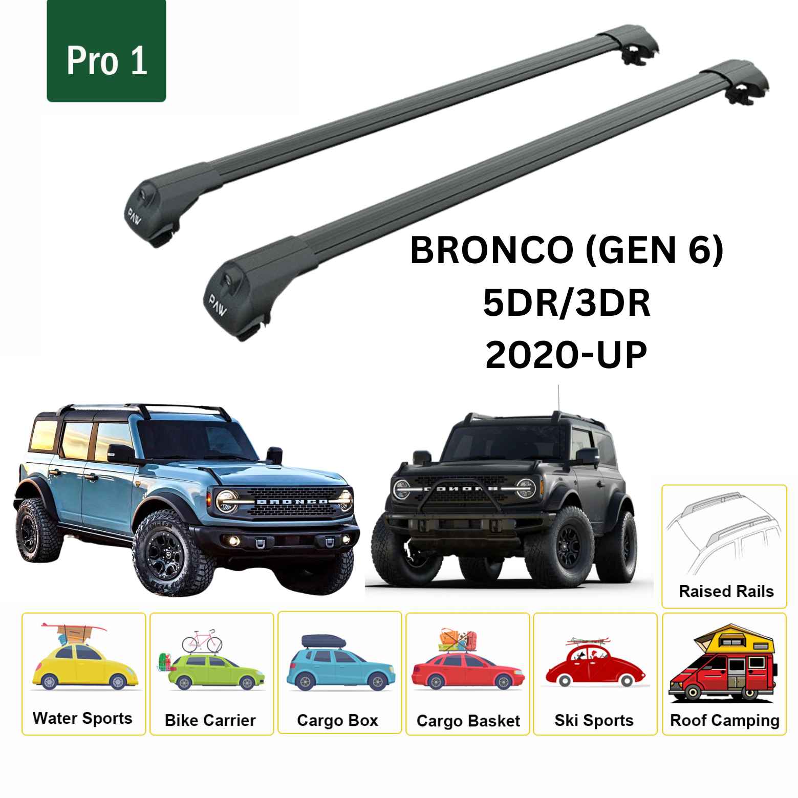 For Ford Bronco (GEN 6) 5dr and 3dr 2020-Up Roof Rack Cross Bars Raised Rail Alu Black - 0