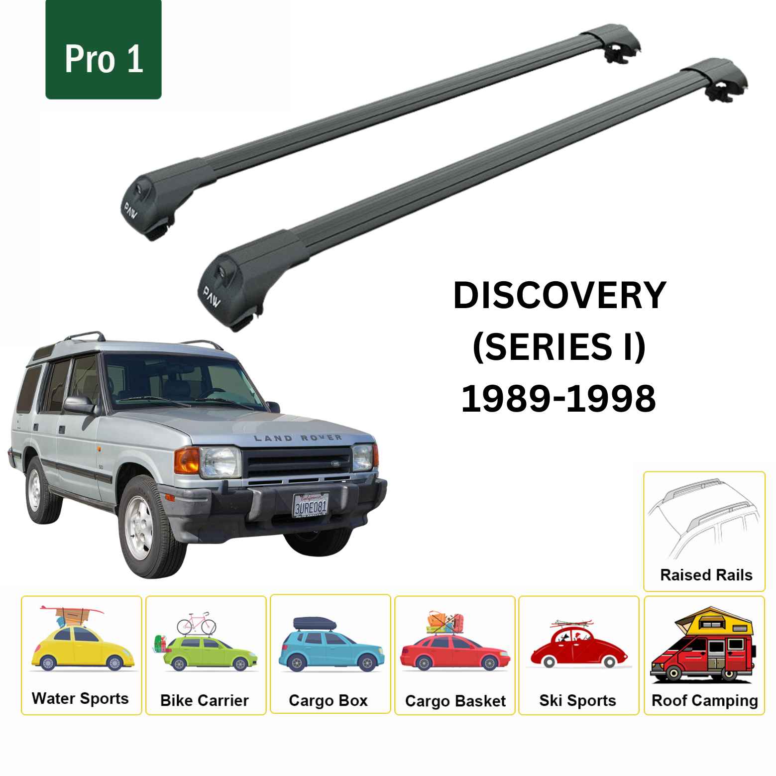 For Land Rover Discovery (Series 1) 1989-98 Roof Rack Cross Bars Raised Rail Alu Black - 0