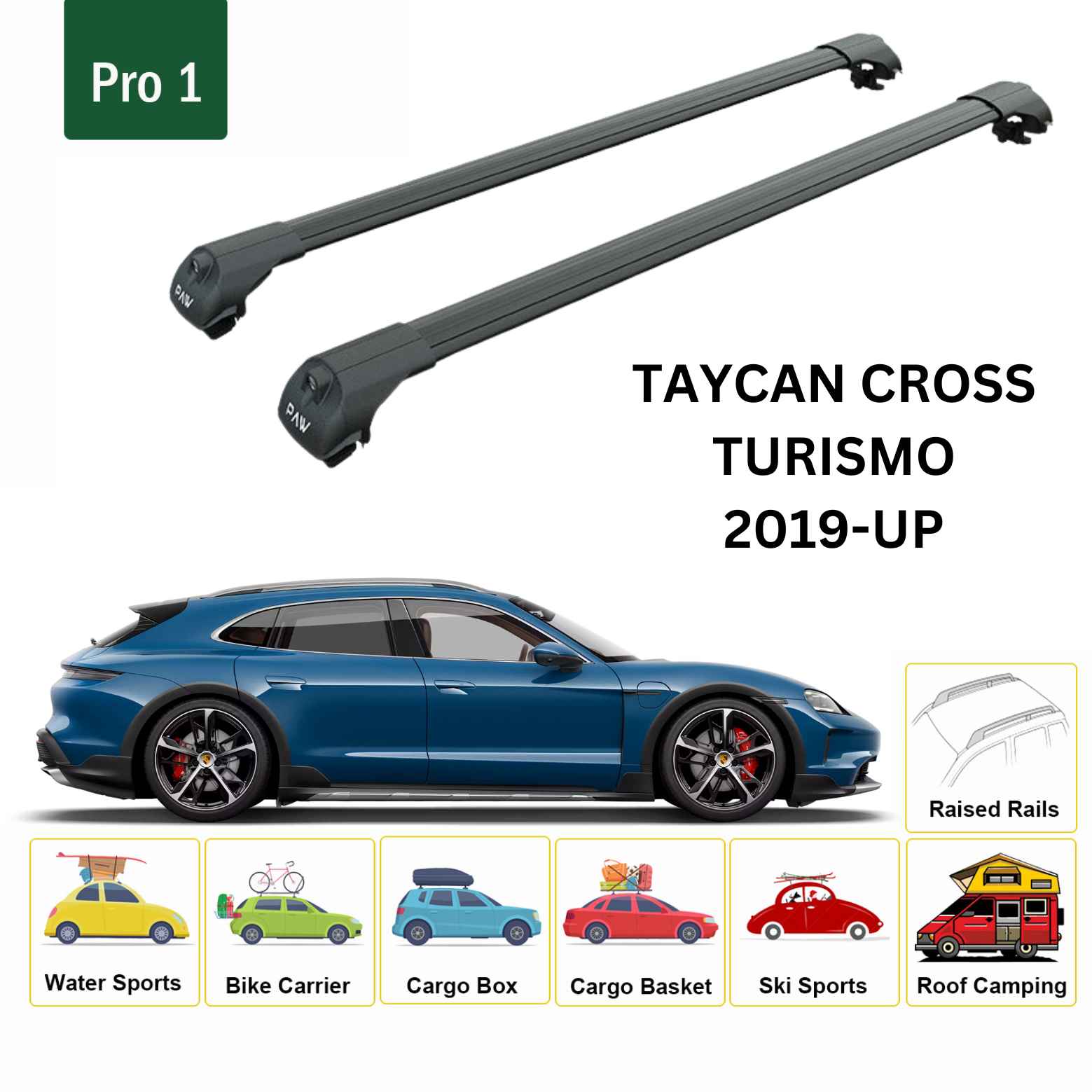 For Porsche Taycan Cross Turismo 2019-Up Roof Rack Cross Bars Raised Rail Alu Black