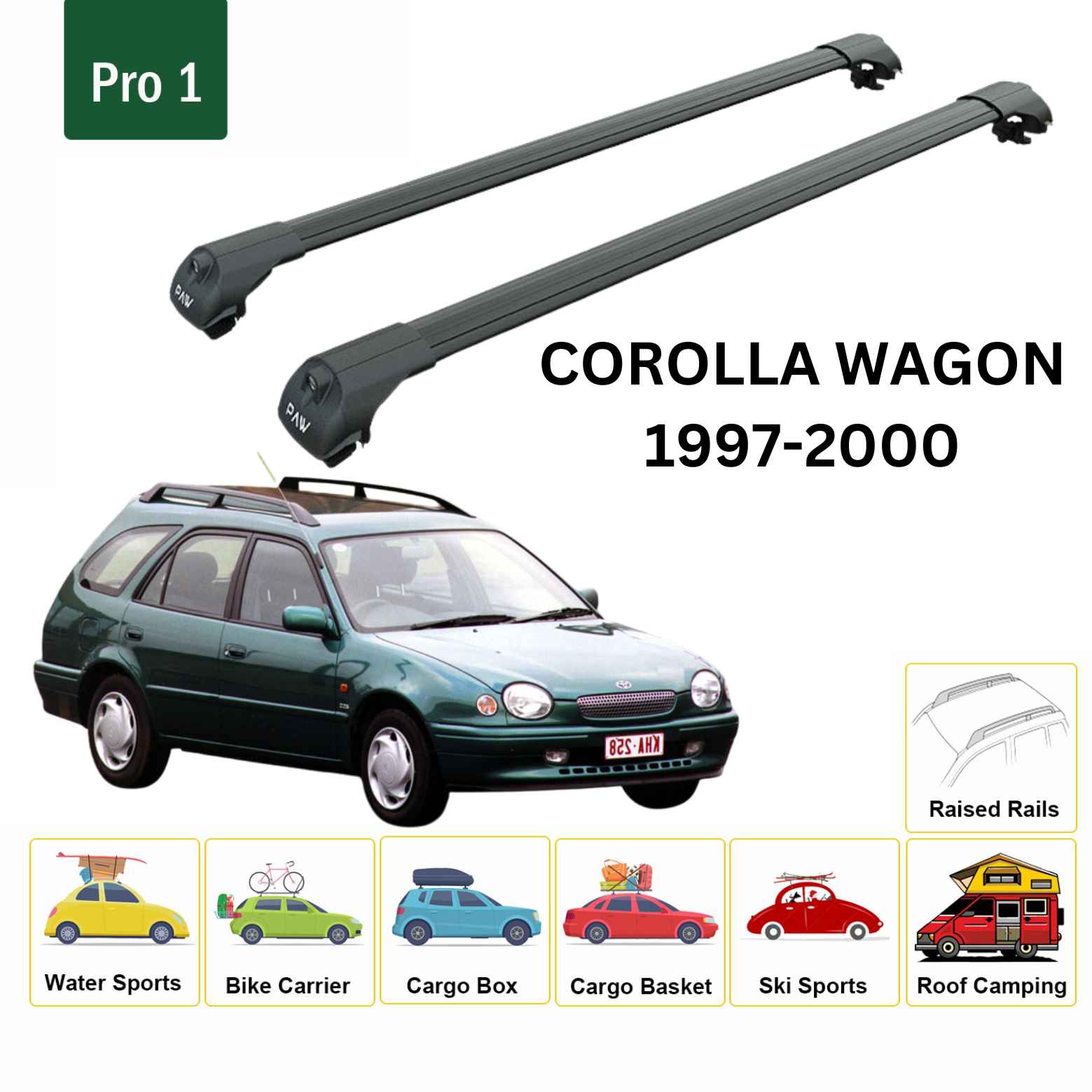 For Toyota Corolla Wagon 1997-00 Roof Rack Cross Bars Raised Rail Alu Black - 0