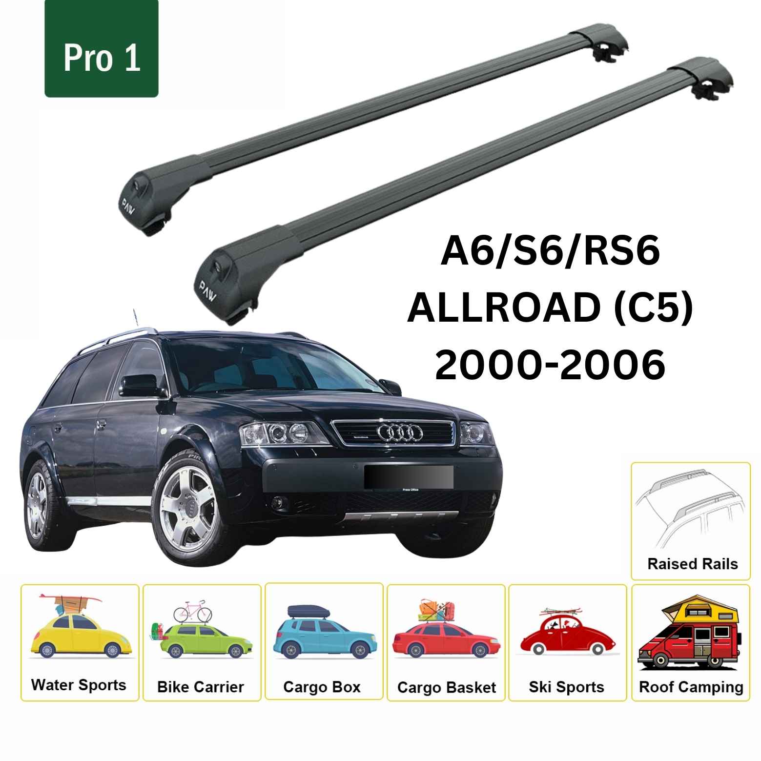 For Audi A6/S6/RS6 (C5) Allroad 2000-06 Roof Rack Cross Bars Raised Rail Alu Black