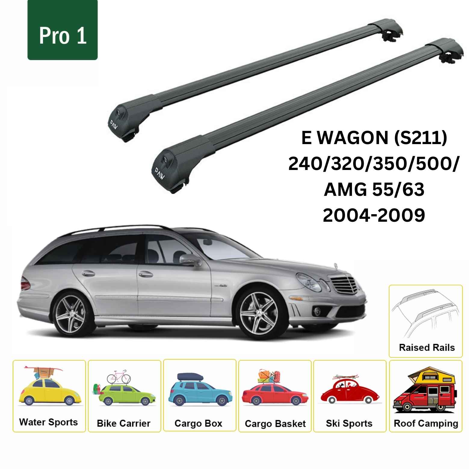 For Mercedes E Wagon S211 2004-09 Roof Rack Cross Bars Raised Rail Alu Black