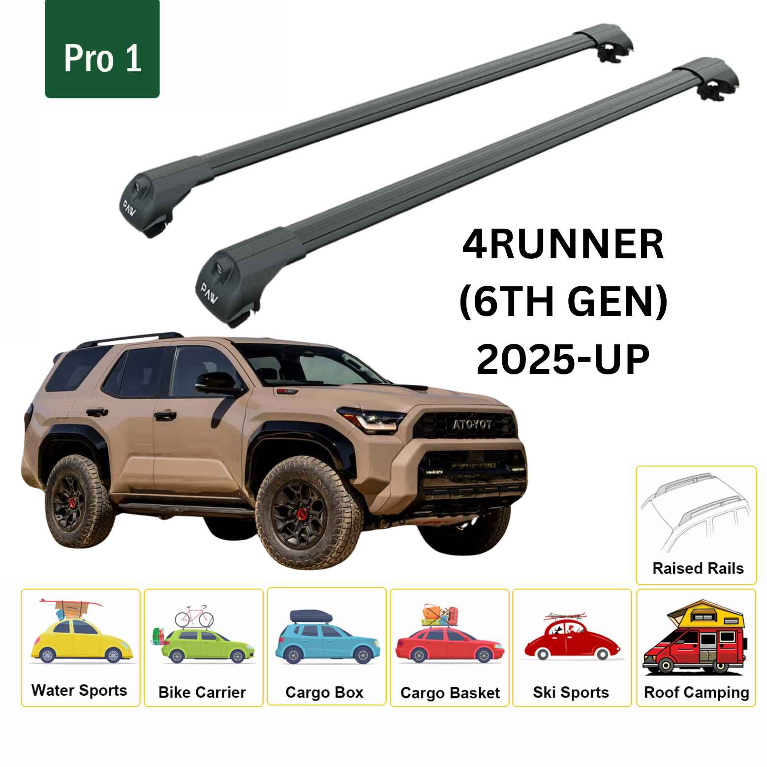 For Toyota 4Runner (6th Gen) 2025-Up Roof Rack Cross Bars Raised Rail Alu Black - 0