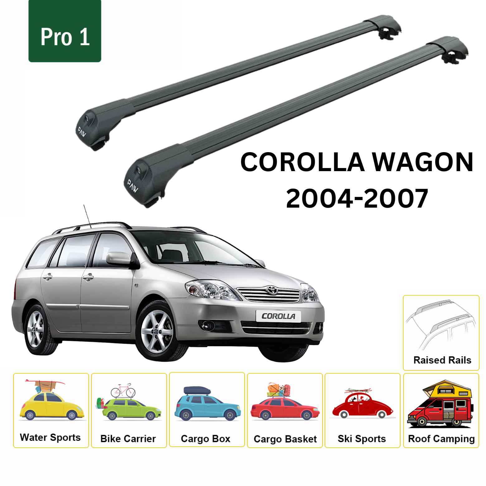 For Toyota Corolla Wagon 2004-07 Roof Rack Cross Bars Raised Rail Alu Black - 0