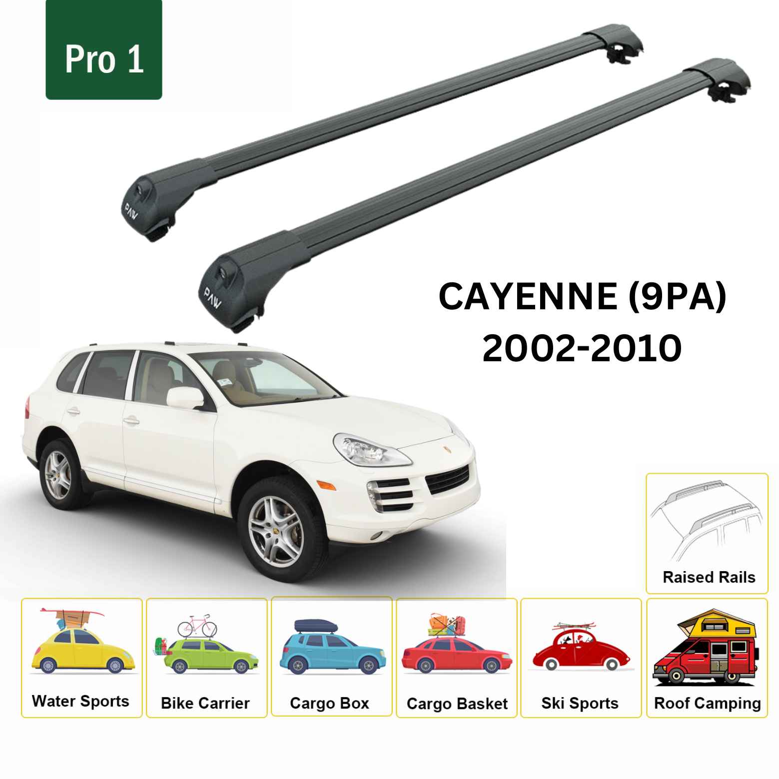 For Porsche Cayenne (9PA) 2002-10 Roof Rack Cross Bars Raised Rail Alu Black - 0