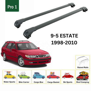For Saab 9-5 Estate (YS3E) 1998-2010 Roof Rack Cross Bars Raised Rail Alu Black - 0