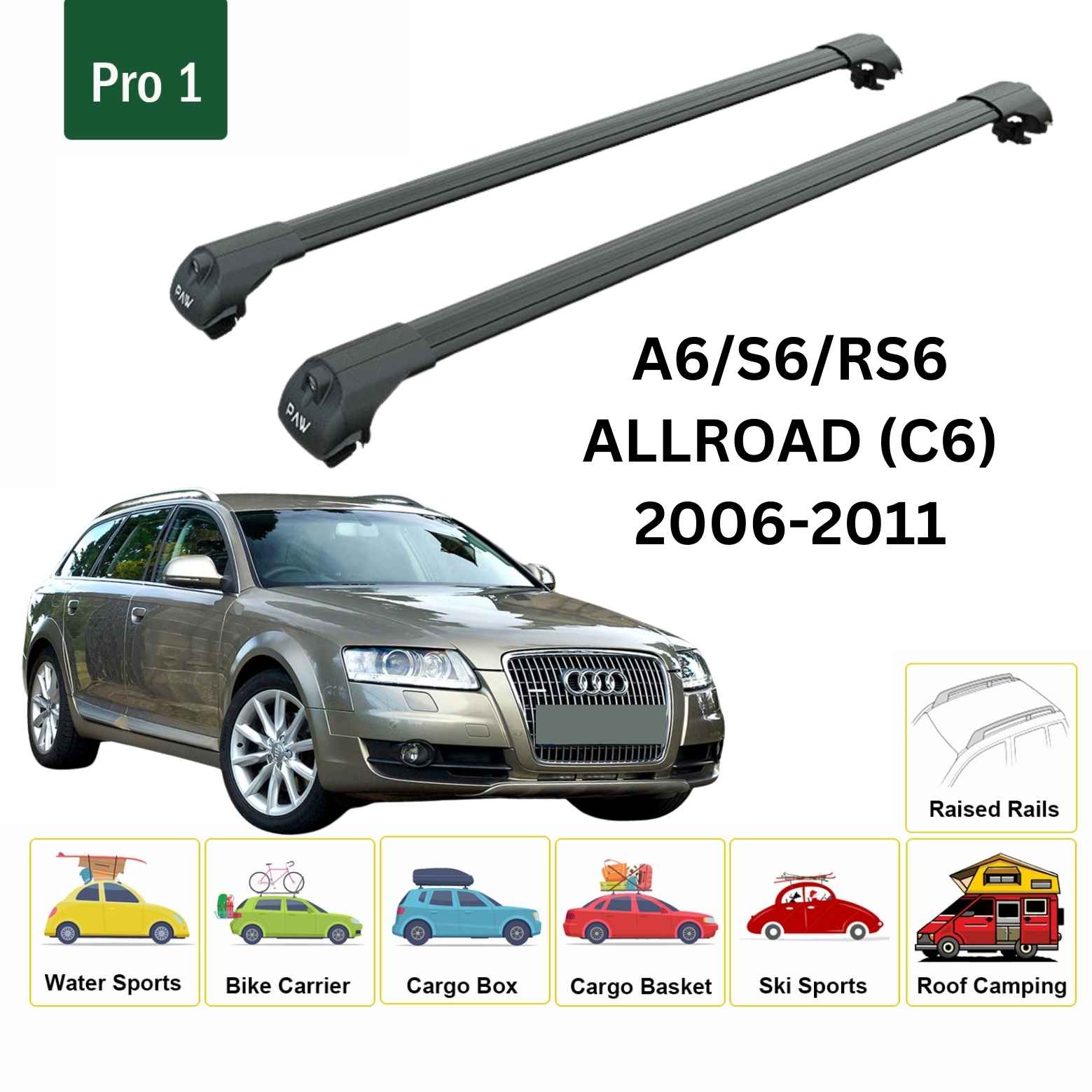 For Audi A6/S6/RS6 (C6) Allroad 2006-11 Roof Rack Cross Bars Raised Rail Alu Black - 0